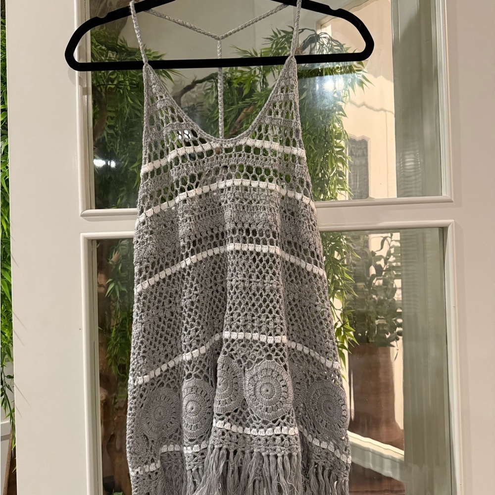 Gray Crochet Fringe Hippie Swimsuit Cover